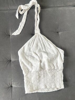 White Eyelet Halter Smocked Crop Top - Women